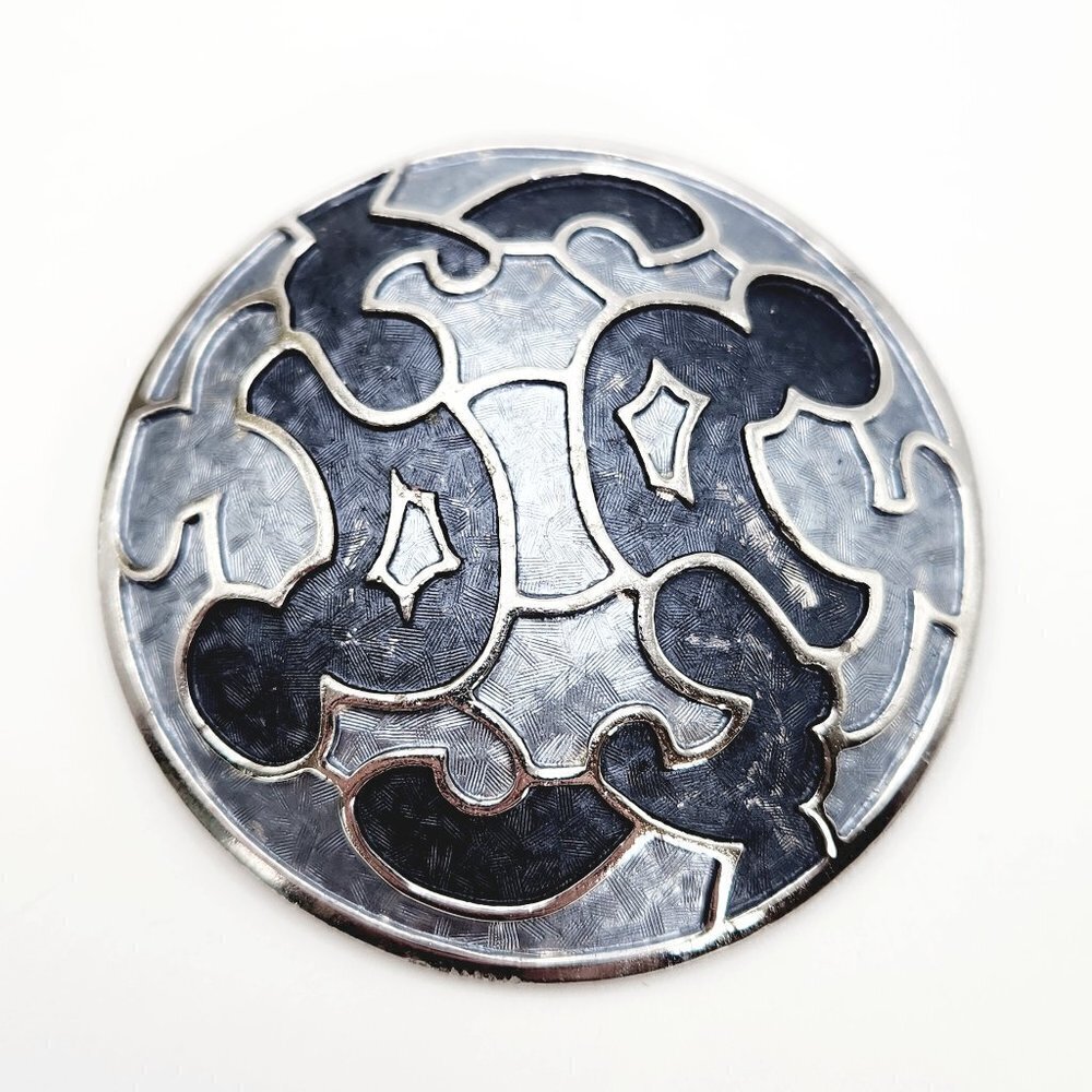 Vintage Kramer Abstract Blue Textured Round Silver Tone Large Brooch